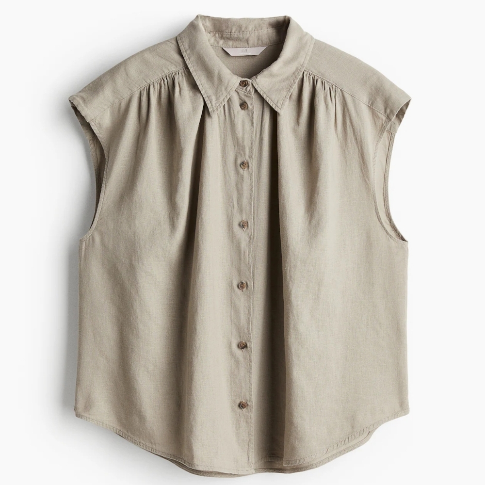 H&M Linen Blend Greige Sleeveless Button Down Shirt XS Coastal Grandma - Picture 5 of 13
